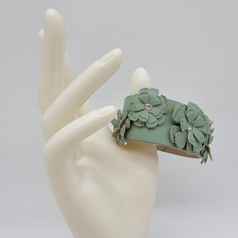 Minty Green Floral Faux Leather Adjustable‎ Cuff Bracelet